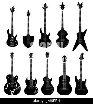 Gitarren-Silhouette-Kollektion isoliert auf weißem Hintergrund. Vektorsatz für Musikinstrumente. Stockfoto