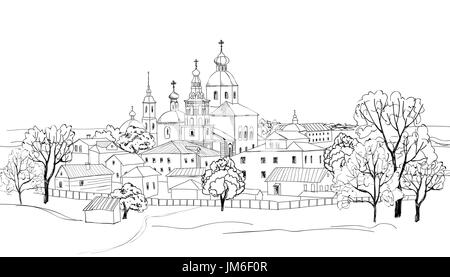 Alte russische Stadt Landschaft Hand gezeichnet Vector Illustration. Susdaler Kreml. Blick von suzdal Stadtbild. den goldenen Ring von Russland. Stockfoto