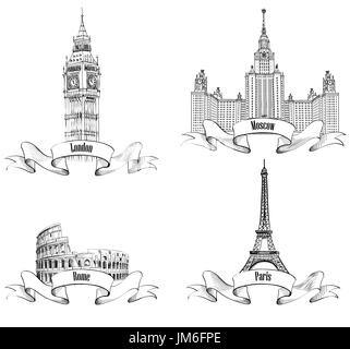 Europäischen Städten Symbole zu skizzieren: Paris (Eiffelturm), London (Big Ben, Westminster Abbey, London), Rom (Kolosseum), Moskau (Lomonosov Moscow State Un Stockfoto