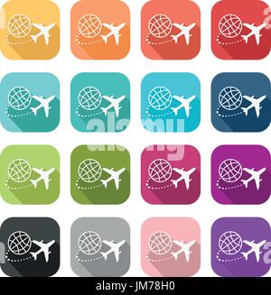 Symbol für ein Flugzeug fliegt um eine Erdkugel auf der ganzen Welt Stock Vektor