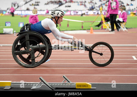 Tatjana McFadden Rollstuhl-Sportler im Wettbewerb mit der Para Leichtathletik-Weltmeisterschaft in London Stadium Stockfoto