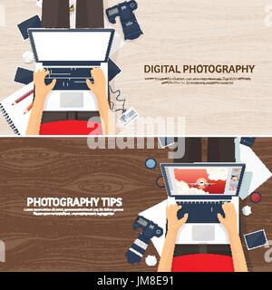 Fotograf-Ausrüstung auf einem Tisch. Fotografie-Tools, Bildbearbeitung, Fotoshooting flachen Hintergrund. Digitale Fotokamera mit Objektiv. Vektor-Illustration. Stock Vektor