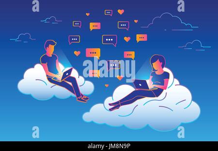 Chat sprechen Konzeption von jungen Menschen mit Laptops für das Senden von Nachrichten und sitzen auf Wolken am Himmel. Skala-Vektor-Illustration von guy Stock Vektor