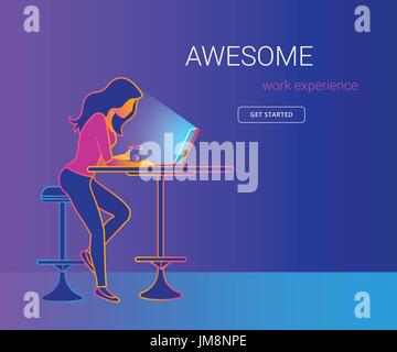 Junge Frau mit Laptop arbeiten und tranken Kaffee im Café. Moderne Farbverlaufslinie Vektor-Illustration Teen Studentin mit Laptop und immer Arbeit ex Stock Vektor