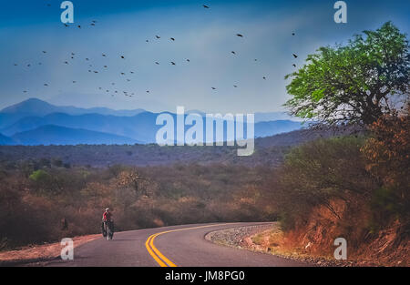 Radfahren auf der berühmten nationalen Ruta 40 Quarenta in Zentralargentinien Frau Stockfoto