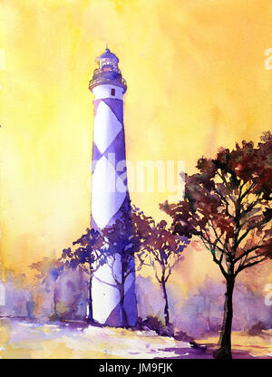 Aquarell von Cape Lookout Leuchtturm.  Kunstmalerei von North Carolina Leuchtturm an der äußeren Banken, NC.  USA-Leuchtturm. Stockfoto