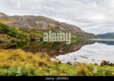 Reflexionen in Llyn Dinas in der Nant Beddgelert Gwynant Valley in der Nähe von Snowdonia National Park North Wales UK Oktober 50442 Stockfoto