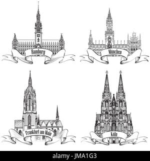 Deutsch Stadt Reisen Bezeichnung festgelegt. Hamburg, München, Köln, Frankfurt bin Main, Deutschland, Europa. Handgezeichnete Vektor Stadt Symbolsatz. Stockfoto