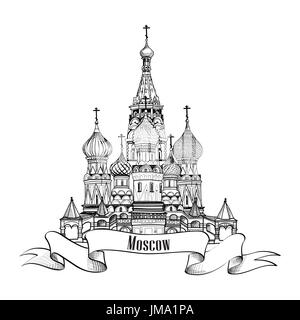 Stadt Moskau Symbol. die Basilius-Kathedrale, Roter Platz, Kreml, Moskau, Russland. Reisen Symbol Vektor hand gezeichnete Skizze Abbildung. Stockfoto