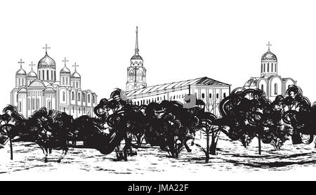 Alte russische Stadt Landschaft Hand gezeichnet Vector Illustration. Blick auf Wladimir Stadtbild. antike Stadt. den goldenen Ring von Russland. Stockfoto