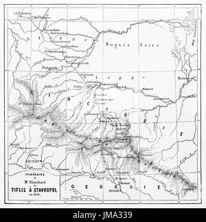 Alte Karte von Auguste Blanchard Reiseroute von Tiflis, Stawropol. Gestochen von Ehrard und Bonaparte, am Le Tour du Monde, Paris, 1861 veröffentlicht. Stockfoto