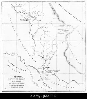 Alte Karte von Eugene Flandin Reiseroute aus Kurdistan nach Babylon. Gestochen von Ehrard und Bonaparte, am Le Tour du Monde, Paris, 1861 veröffentlicht. Stockfoto