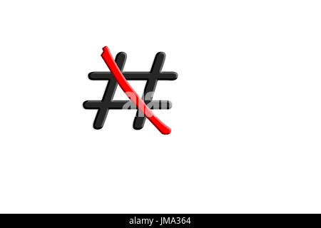 Zeichen Hashtag #rot durchgestrichen auf weißem Hintergrund. Stockfoto