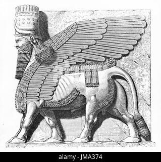 Alte Abbildung von Khorsabad Lamassu Chambrale (Antike assyrische Hauptstadt, Nord-Irak). Erstellt von Flandin, veröffentlicht am Le Tour du Monde, Paris, 186 Stockfoto