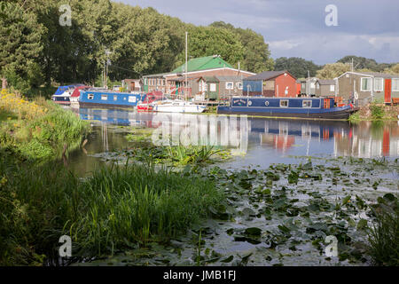 Northampton, Wetter 27. Juli 2017, einem warmen sonnigen Abend mit gelegentlichen Regenschauern entlang dem Fluss Nene mit Narrowboats und andere Schiffe ankern in einer abgelegenen Gegend entlang des Flusses. Bildnachweis: Keith J Smith. / Alamy Live News Stockfoto