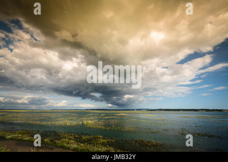 Blick über Keyhaven Küsten Sümpfe, überwinternde wichtiger Standort für Vögel in Hampshire, UK, mit Gewitterwolken nähert sich Stockfoto