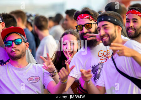 BENICASSIM, Spanien - 14 JUL: Das Publikum in einem Konzert am FIB Festival am 14. Juli 2016 in Benicassim, Spanien. Stockfoto