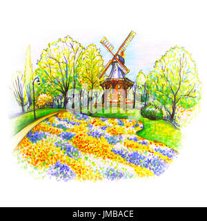 Beliebte Stadtpark Wallanlagen mit bin Wand Windmühle und bunten Blumen Vordergrund in Bremen, Deutschland. Marker und Liner Hand gezeichnete Bild gemacht Stockfoto