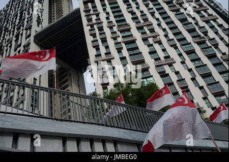 19.07.2017, Singapur, Republik Singapur, Asien - Nationalflaggen winken vor The Pinnacle Wohnanlage in Singapurs Innenstadt Stockfoto