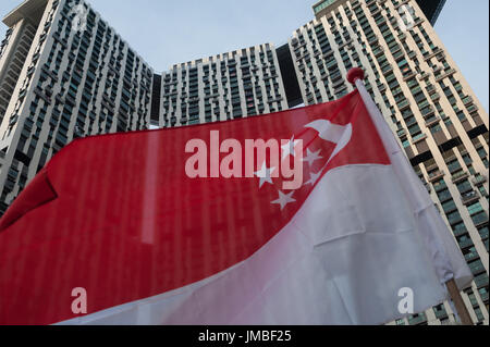 19.07.2017, Singapur, Republik Singapur, Asien - Nationalflaggen winken vor The Pinnacle Wohnanlage in Singapurs Innenstadt Stockfoto