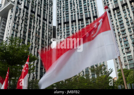 19.07.2017, Singapur, Republik Singapur, Asien - Nationalflaggen winken vor The Pinnacle Wohnanlage in Singapurs Innenstadt Stockfoto