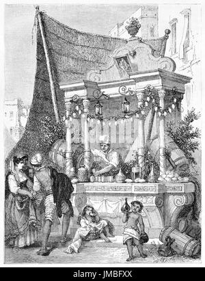 Neapolitanischen Zitronen Wasser Verkäufer reich dekorierten Kiosk im Freien in den Straßen der Stadt. Radierkunst von Ferogio, Le Tour du Monde, 1861 Stockfoto