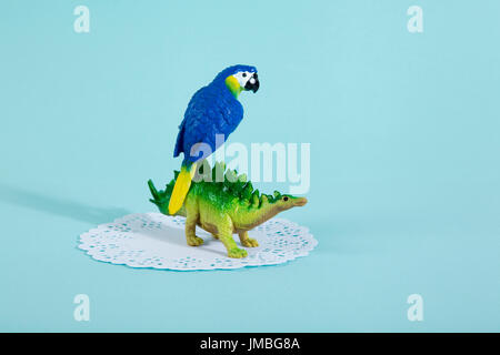 Ein Dinosaurier Stegosaurus und einen blauen Papagei auf eine weiße Spitze Papier Deckchen mit einem lebhaften Türkis Hintergrund. Minimale ausgefallenen Still-Life Fotografie Stockfoto