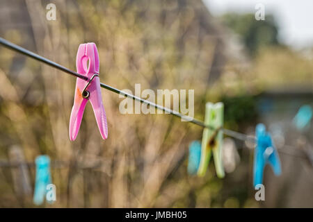 Bright farbigen Stöpsel auf eine Wäscheleine vor dem Hintergrund unscharf Baum Stockfoto
