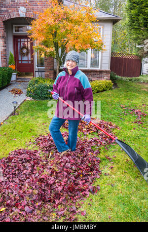 Frau Rechen Herbstlaub vor Hof Stockfoto