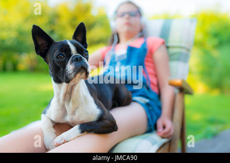 Hund und junges Mädchen im Garten Ruhe süß Boston Terrier Welpe auf dem Schoß seiner Dame Stockfoto