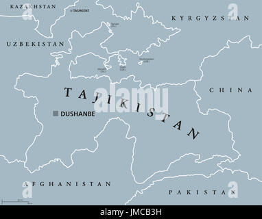Tadschikistan politische Karte mit Hauptstadt Duschanbe und Grenzen. Republik und Binnenstaat in Zentralasien. Graue Abbildung. Englisch beschriften. Stockfoto