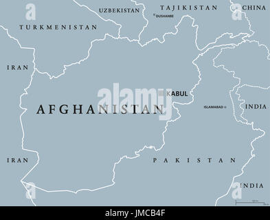 Afghanistan politische Karte mit Hauptstadt Kabul und Grenzen. Islamische Republik und Binnenstaat in Süd- und Zentralasien. Graue Abbildung. Stockfoto