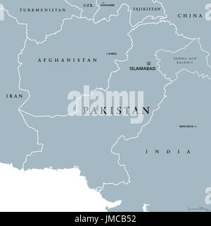 Pakistan politische Karte mit Hauptstadt Islamabad und Grenzen. Islamische Republik und Land in Südasien und am Arabischen Meer. Graue Abbildung. Stockfoto