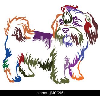 Dekorative Kontur Porträt stehen im Profil Hund Shih-Tzu, isoliert bunten Vektor Illustration auf weißem Hintergrund Stock Vektor