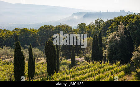 Panoramablick auf die Hochebene und die Häuser Silhouetten der Stadt Orvieto in Everning über die Hügel von Umbrien, Italien Stockfoto