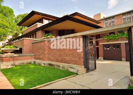 Die Frederick C. Robie House, einem Frank Lloyd Wright home zwischen 1908-10 errichtet. Chicago, Illinois, USA. Stockfoto