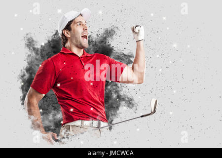 Golfspieler mit roter uniform, die aus einer Explosion von Rauch. Stockfoto