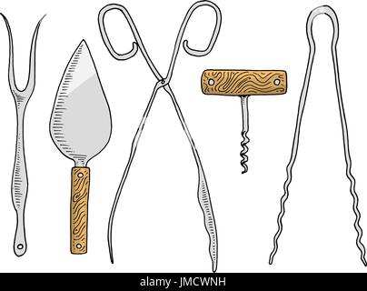 Gabel für Hering oder Kuchen Spatel, Spargel-Zange, Korkenzieher und Süßwaren Zange. Koch und Küchenutensilien, Sachen für die Dekoration Menü kochen. gravierte handgezeichnete im alten Skizze und Vintage-Stil. Stock Vektor