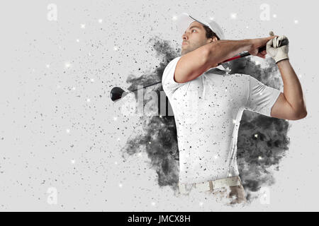 Golfspieler mit eine weiße uniform, die aus einer Explosion von Rauch. Stockfoto