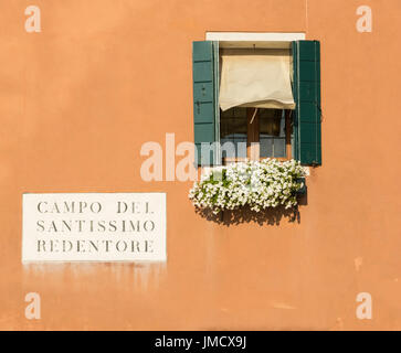 Schöne Fenster mit Fensterläden und einer Fenster-Box voller Blumen in einer gemalten orange Wand. Stockfoto