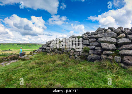 Eisenzeit Fort, Burbage Tal, Carl Wark, Higgar Tor mit Sommerwolken Stockfoto