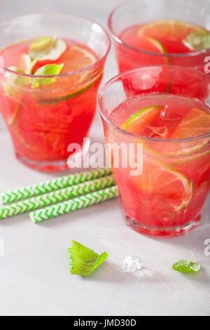Wassermelone Limonade mit Limette und Minze, Sommer erfrischendes Getränk Stockfoto