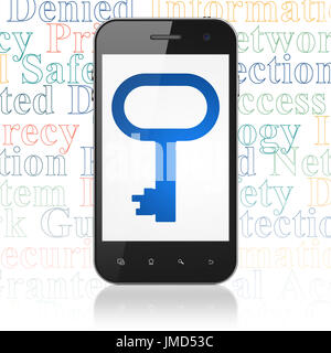 Schutzkonzept: Smartphone mit Schlüssel auf dem Display Stockfoto