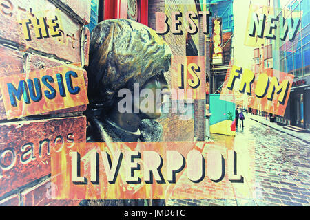 Die beste neue Musik ist von Liverpool Text über ein Bild von John Lennon-Statue in Mathew St. Liverpool UK Stockfoto