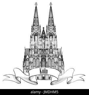 Symbol der deutschen Stadt Köln reisen. Kölner Dom Kathedrale, Deutschland, Europa. Wahrzeichen von Hand gezeichnete Skizze Vektor. Stockfoto