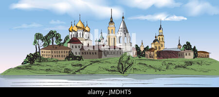 Alte russische Stadtlandschaft mit Kirche, handgezeichnete Skizzenvektorillustration. Kolomna Stadt. Blick auf das Stadtbild von Susdal. Der Goldene Ring Russlands. Stockfoto