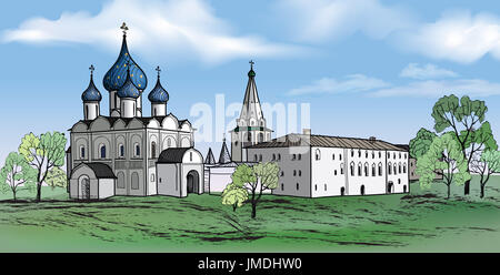 Alte russische Stadt Landschaft mit Kirche. Handgezeichnete Skizze Vektor-Illustration von Susdal Kreml. Blick auf Susdal Stadtbild. Stockfoto