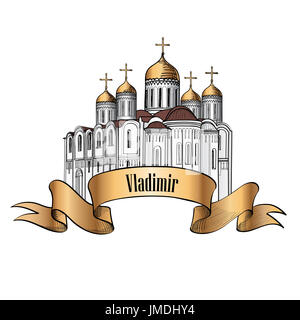 Uspenski-Kathedrale in Vladimir. Alte russische Stadt Symbol. Reise Russland-Icon. Kathedrale von Hand gezeichnete Skizze. Stockfoto