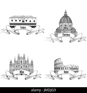 Berühmtes italienisches Stadtlabel: ROM, Mailand, Venedig, Florenz. Wahrzeichen Italiens: Domkirche Mailand, Dogenpalast Venedig, Kathedrale Santa Maria de Stockfoto