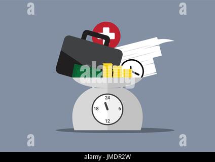 Überstunden, Arbeit, Geld, Gesundheit und Zeit am Tag Uhr Waage, Arbeit, das sich vor einem Tag Zeitskalen, Business balance Konzept, Vektor, Abbildung Stock Vektor